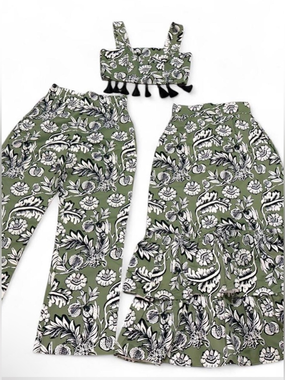 Limited edition Green Floral Three-Piece Set with Tassel Crop